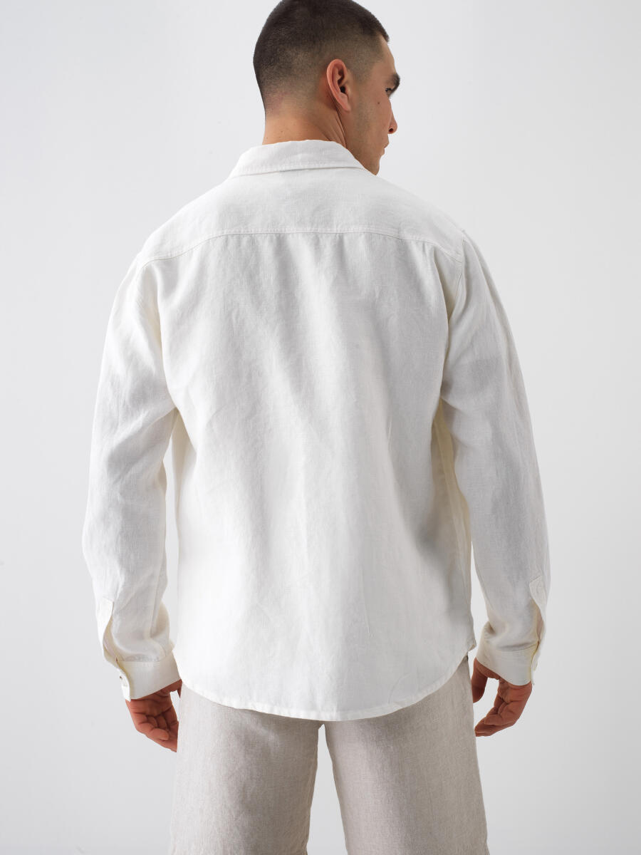 Beyaz %100 Keten Regular Fit Gömlek Ceket - 4