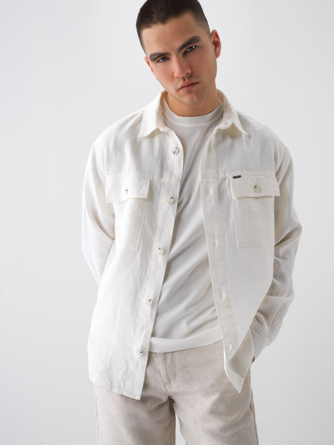 Beyaz %100 Keten Regular Fit Gömlek Ceket