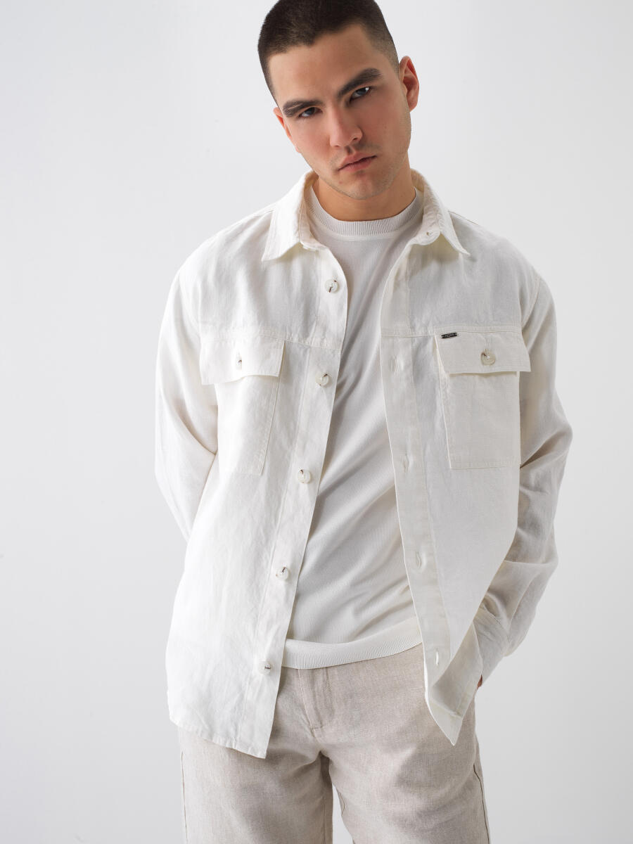 Beyaz %100 Keten Regular Fit Gömlek Ceket - 1