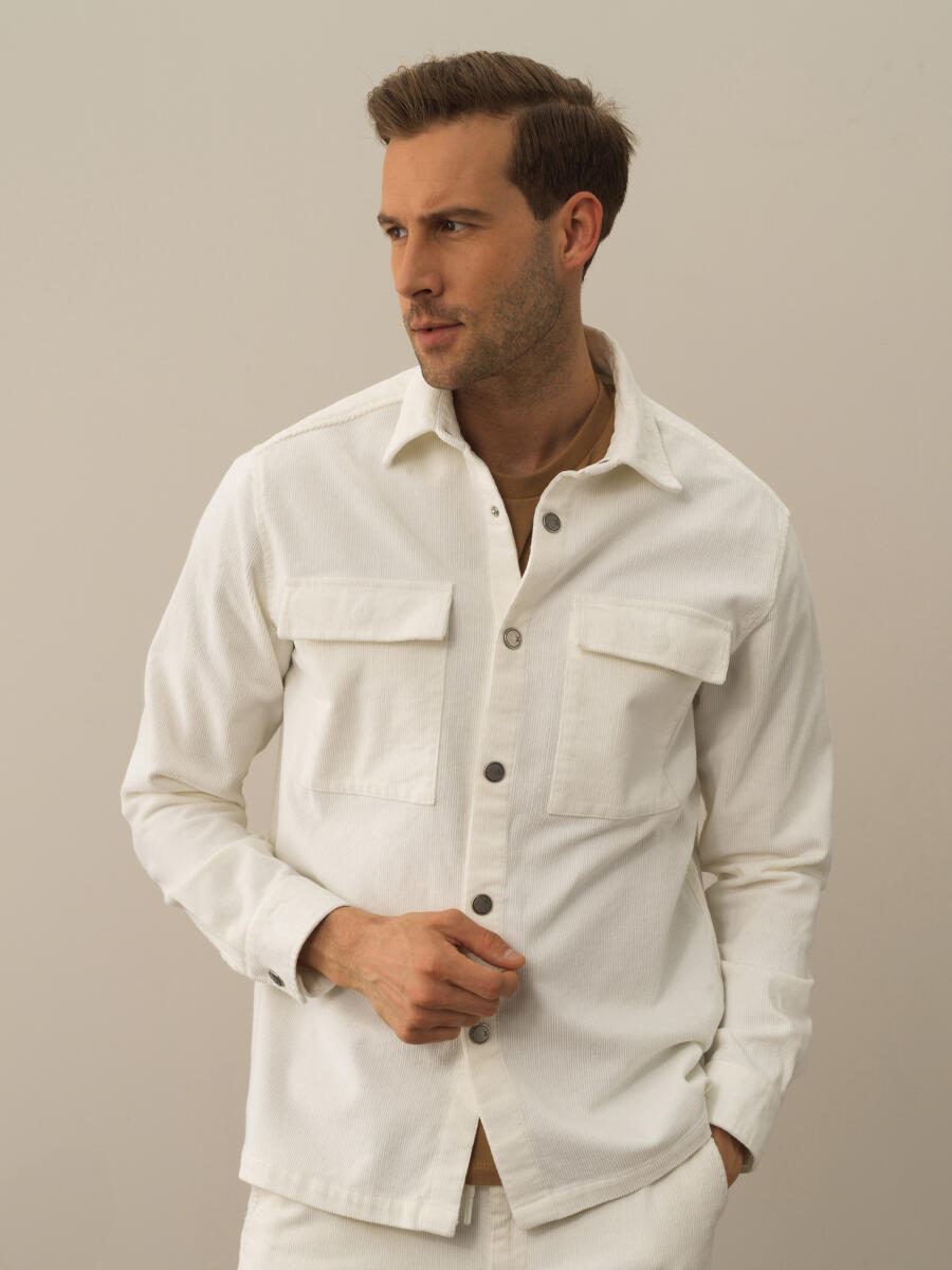 Ekru Pamuk Dokulu Regular Fit Gömlek Ceket