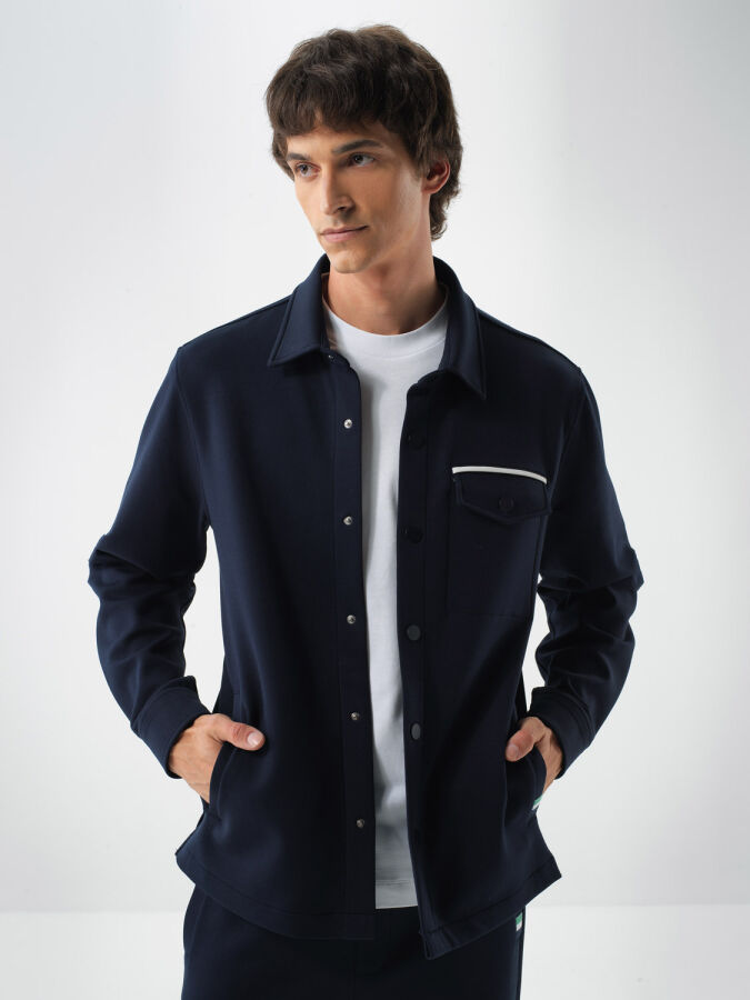 Lacivert Pamuk Dokulu Regular Fit Gömlek Ceket - Xint