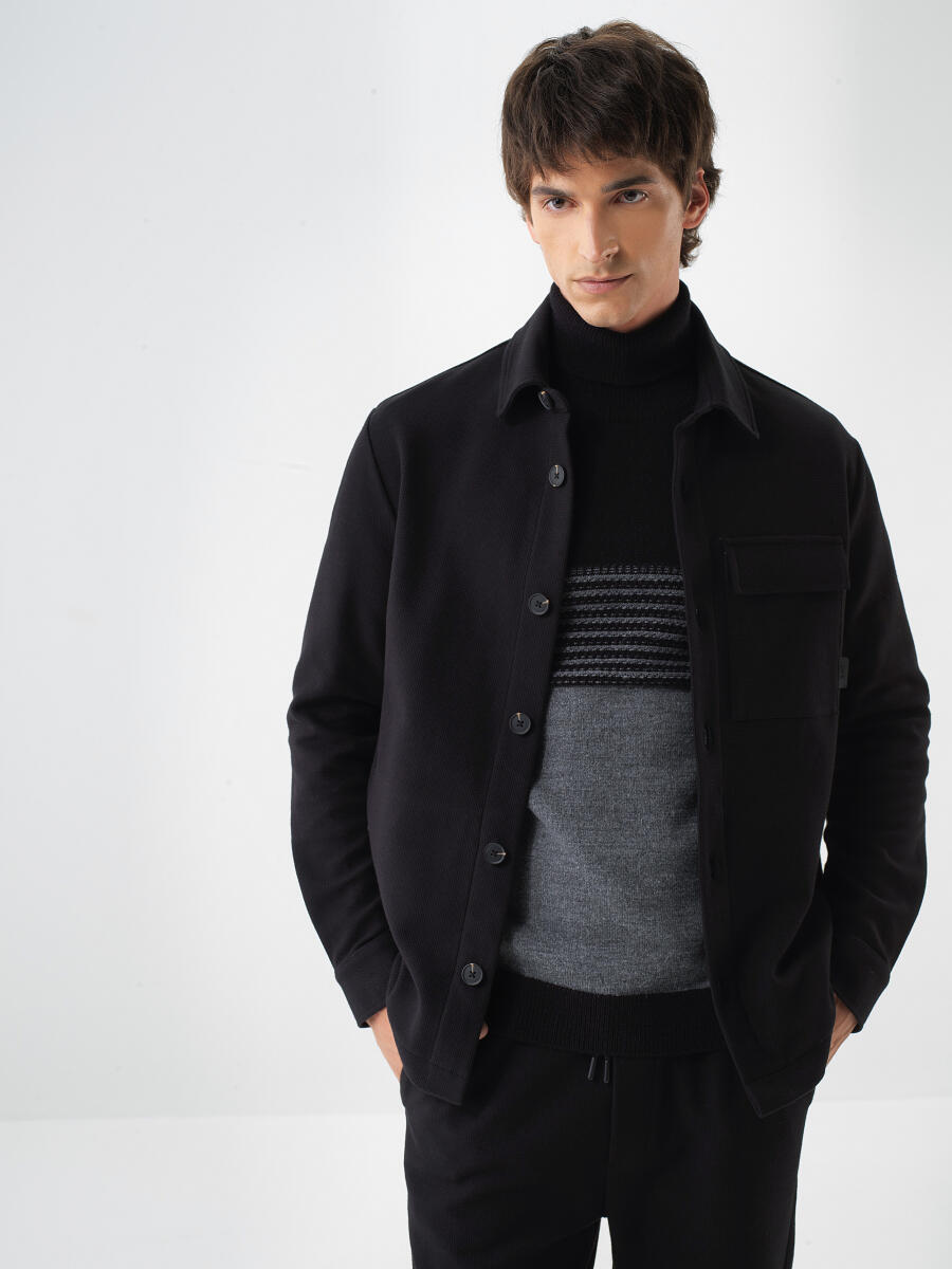 Siyah Pamuk Dokulu Regular Fit Gömlek Ceket - 2