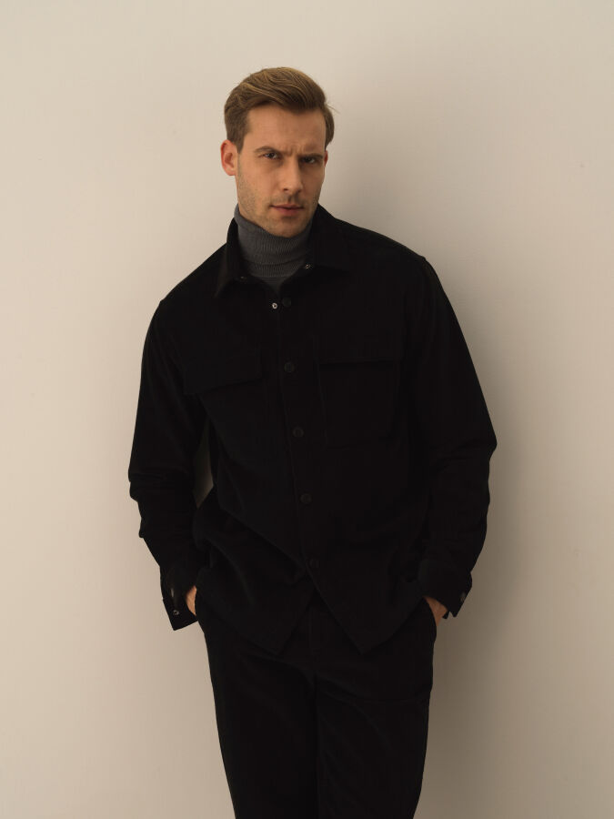 Siyah Pamuk Dokulu Regular Fit Gömlek Ceket - Xint