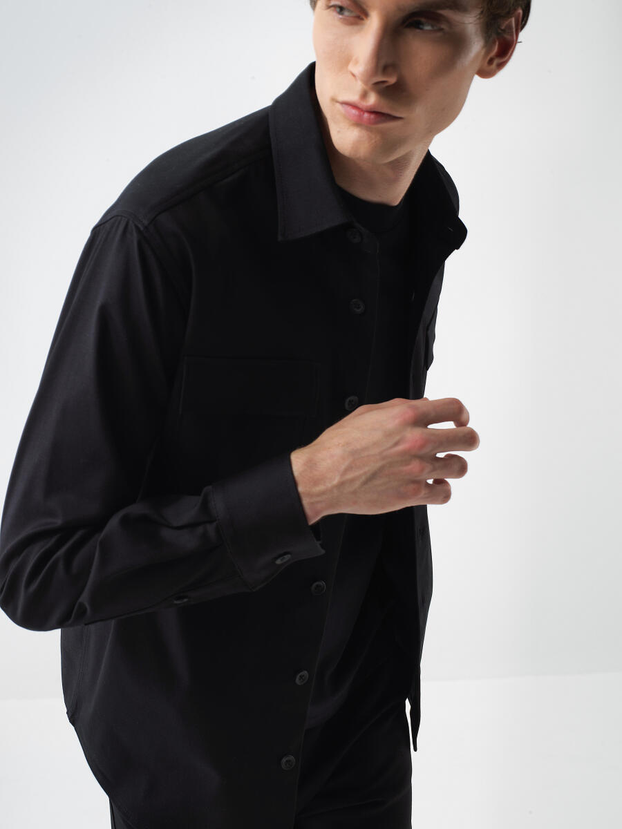 Siyah Pamuk Dokulu Regular Fit Gömlek Ceket