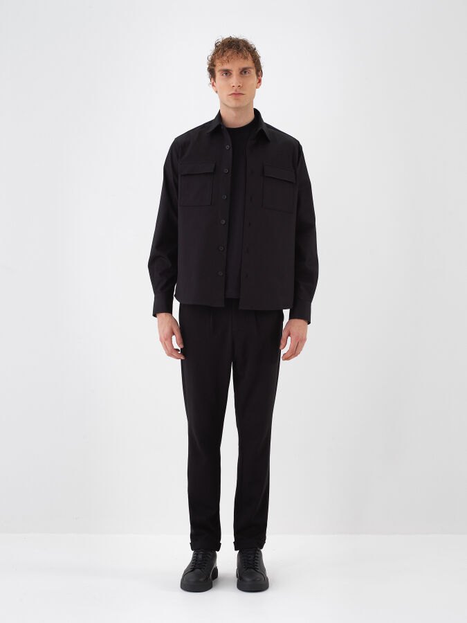 Siyah Pamuk Dokulu Regular Fit Gömlek Ceket - Xint