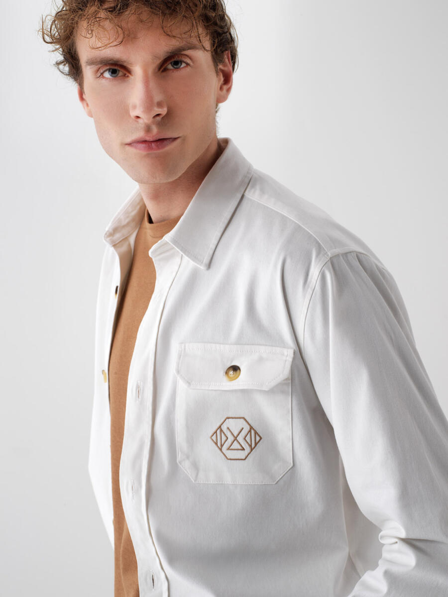 Ekru Pamuk Dokulu Regular Fit Gömlek - 2