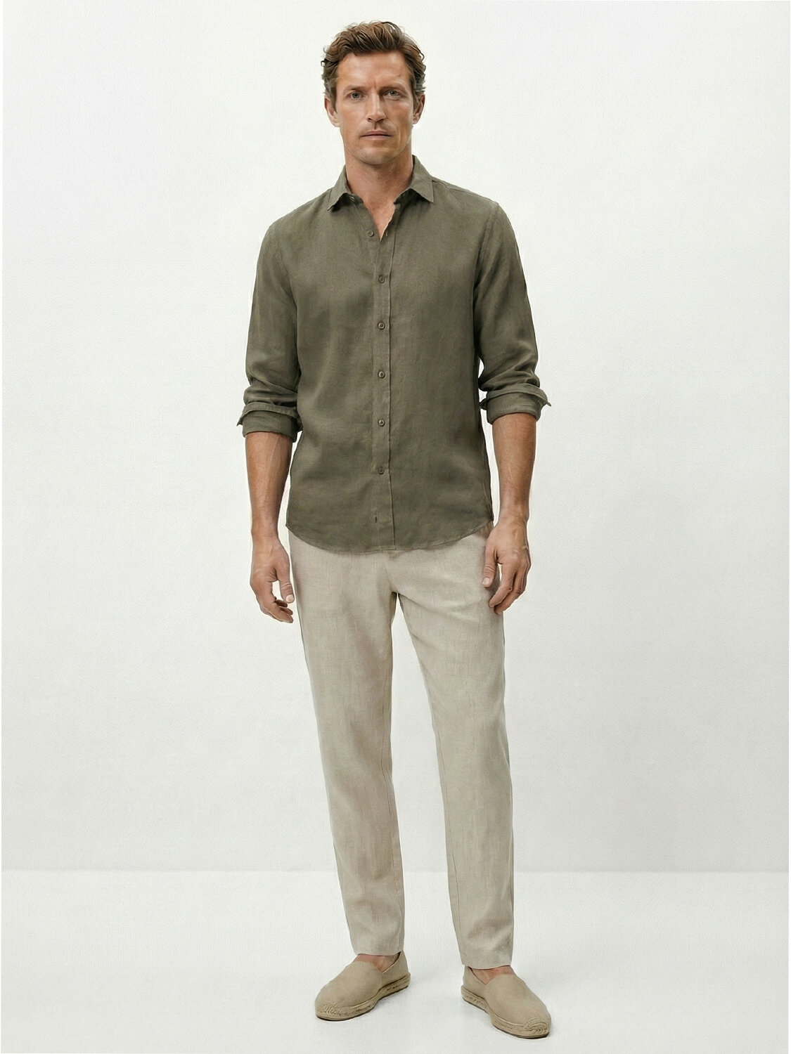 Haki %100 Keten Regular Fit Gömlek (1)