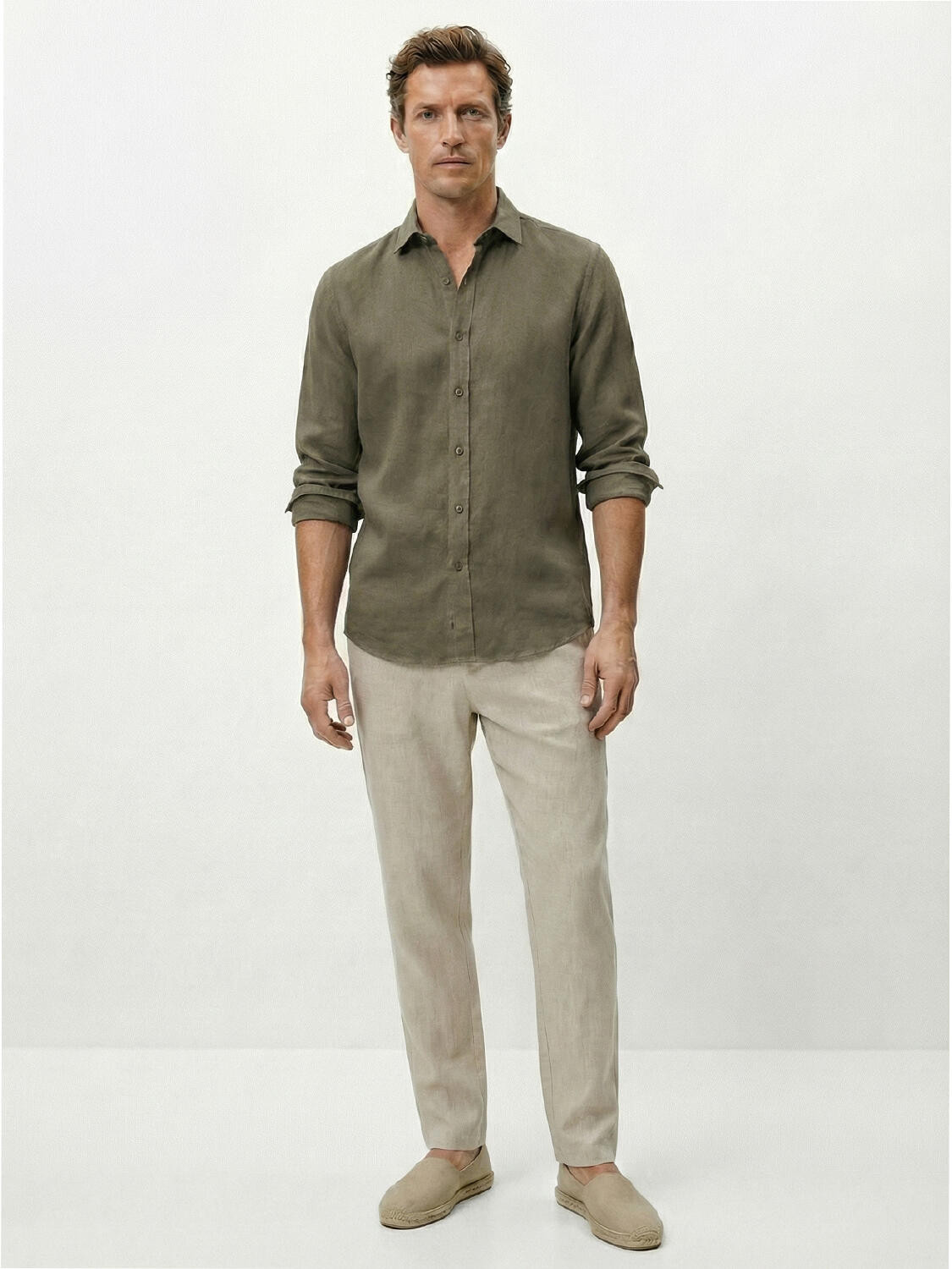 Haki %100 Keten Regular Fit Gömlek - 2