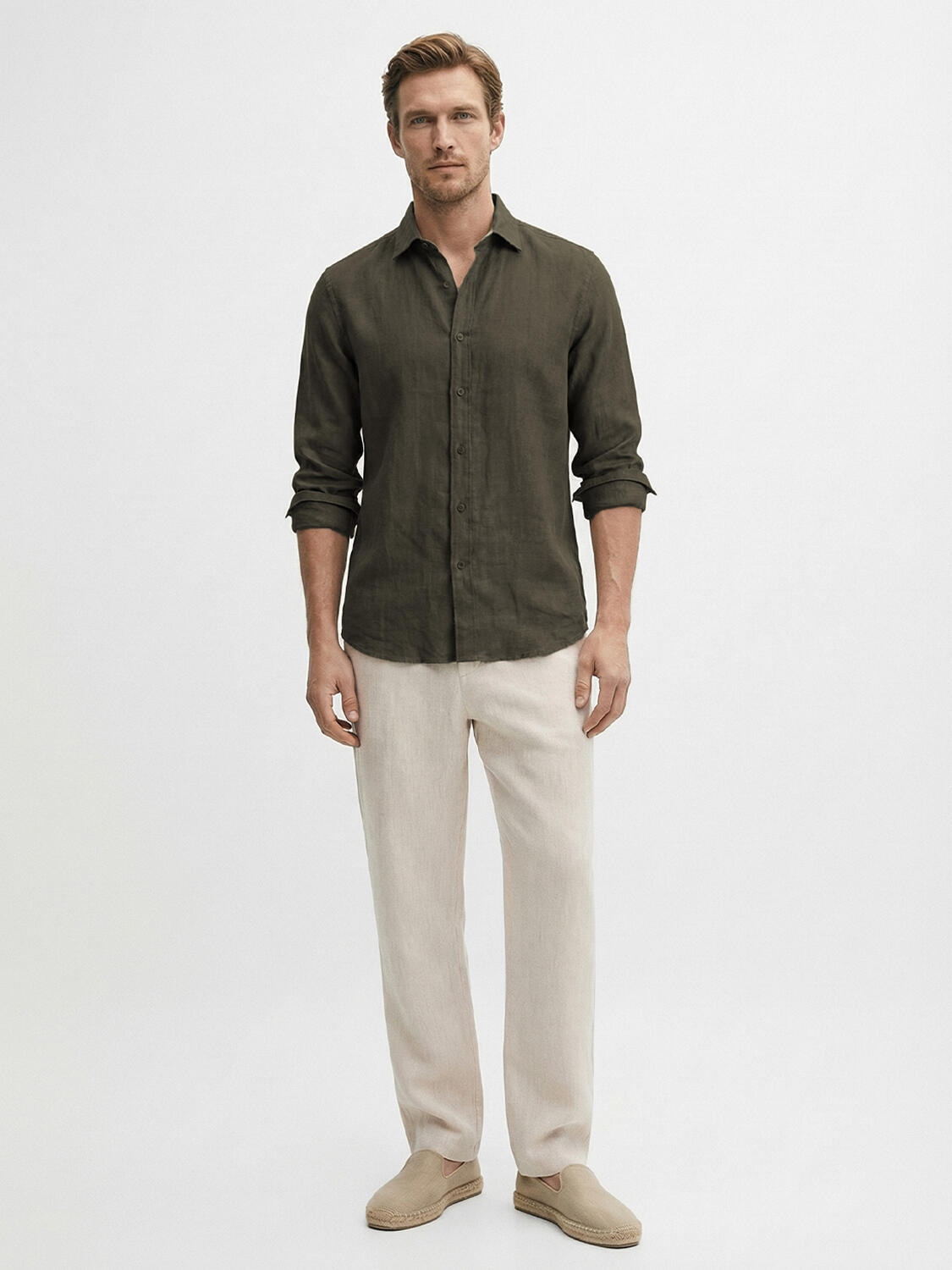 Haki %100 Keten Regular Fit Gömlek - 3