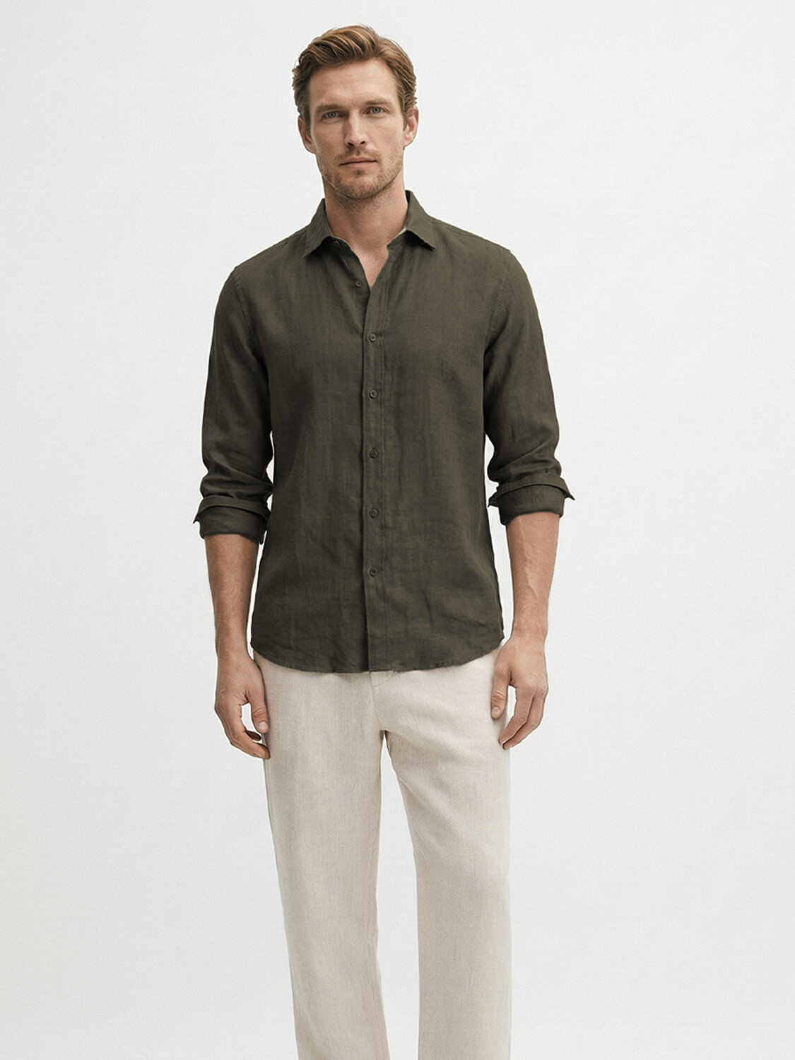 Haki %100 Keten Regular Fit Gömlek (1)