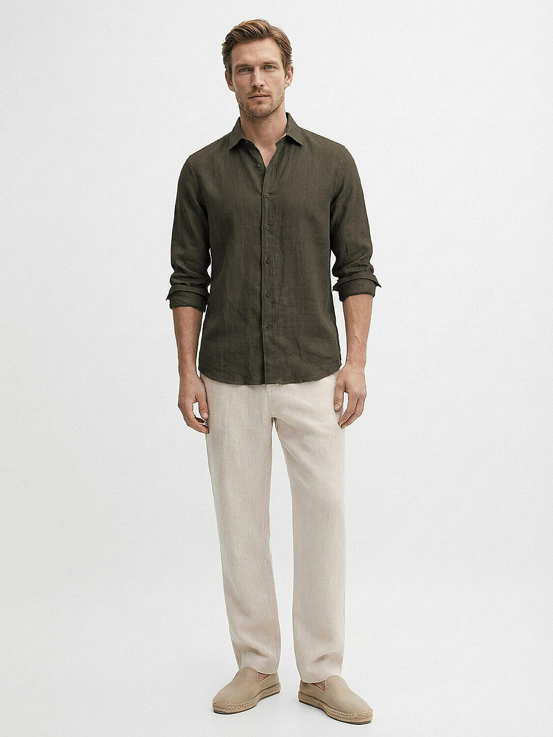 Haki %100 Keten Regular Fit Gömlek (3)