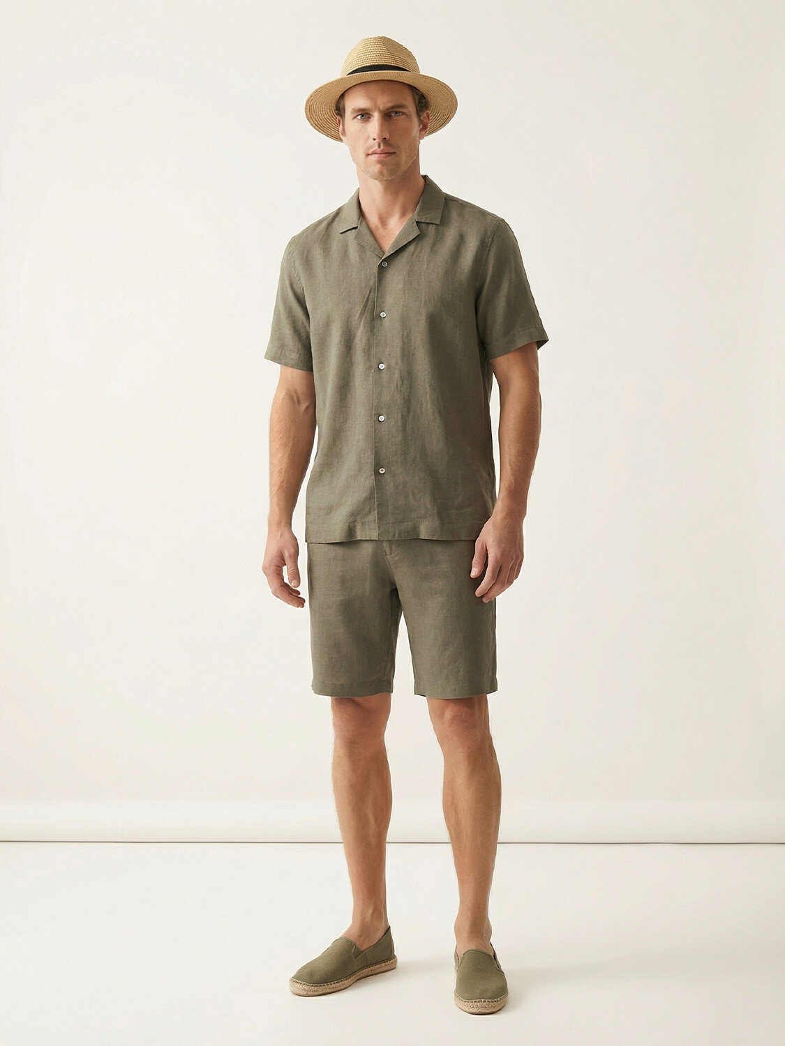 Haki %100 Keten Regular Fit Gömlek (1)