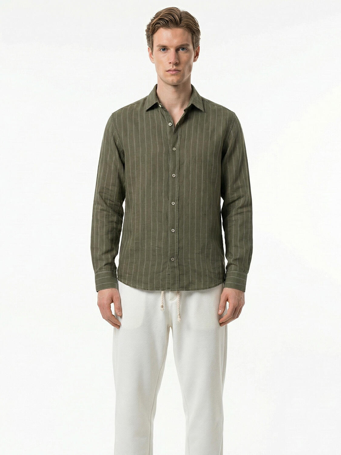 Haki %100 Keten Regular Fit Gömlek - 1