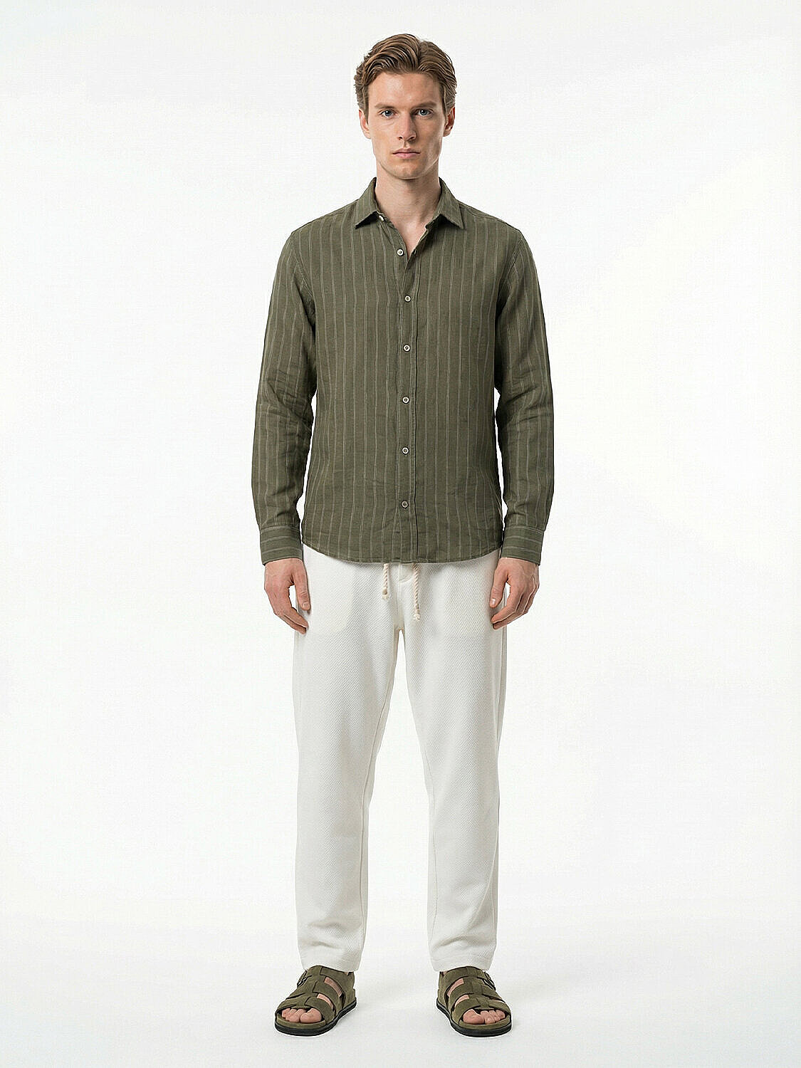 Haki %100 Keten Regular Fit Gömlek (2)