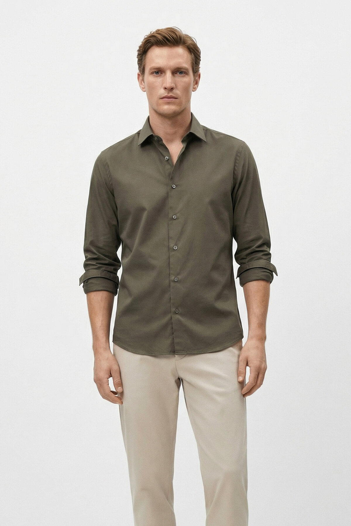 Haki Pamuk Dokulu Slim Fit Gömlek