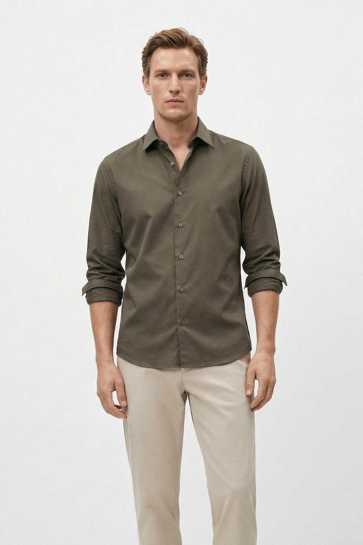 Haki Pamuk Dokulu Slim Fit Gömlek - 1