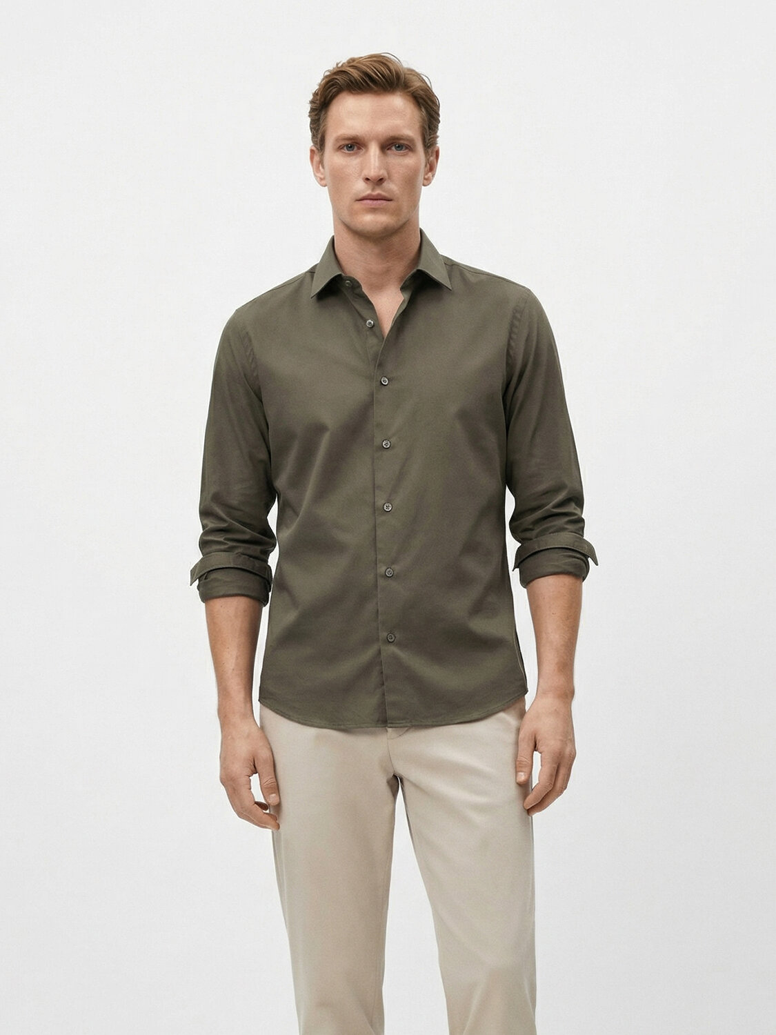 Haki Pamuk Dokulu Slim Fit Gömlek