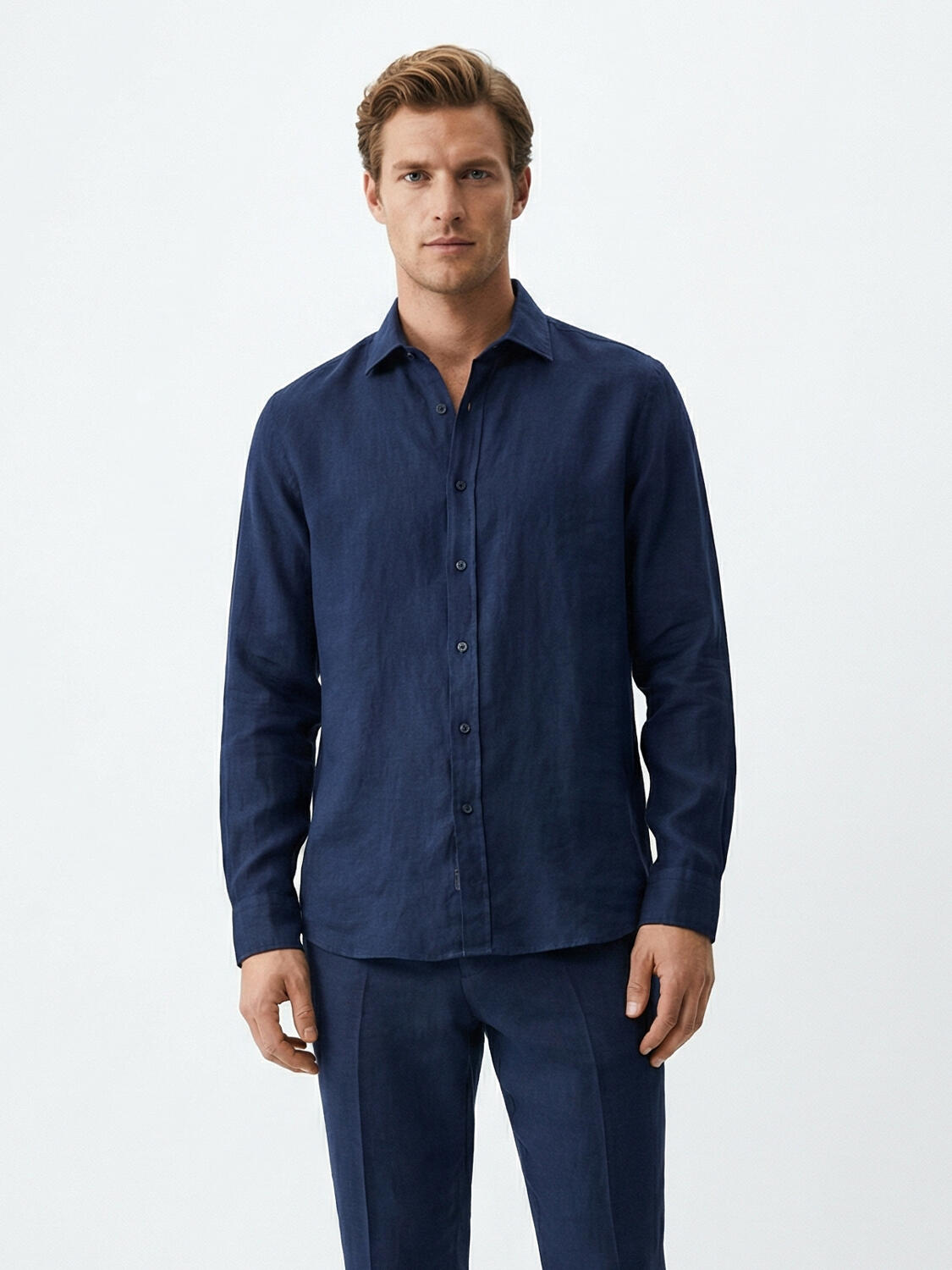 Lacivert %100 Keten Regular Fit Gömlek - 1