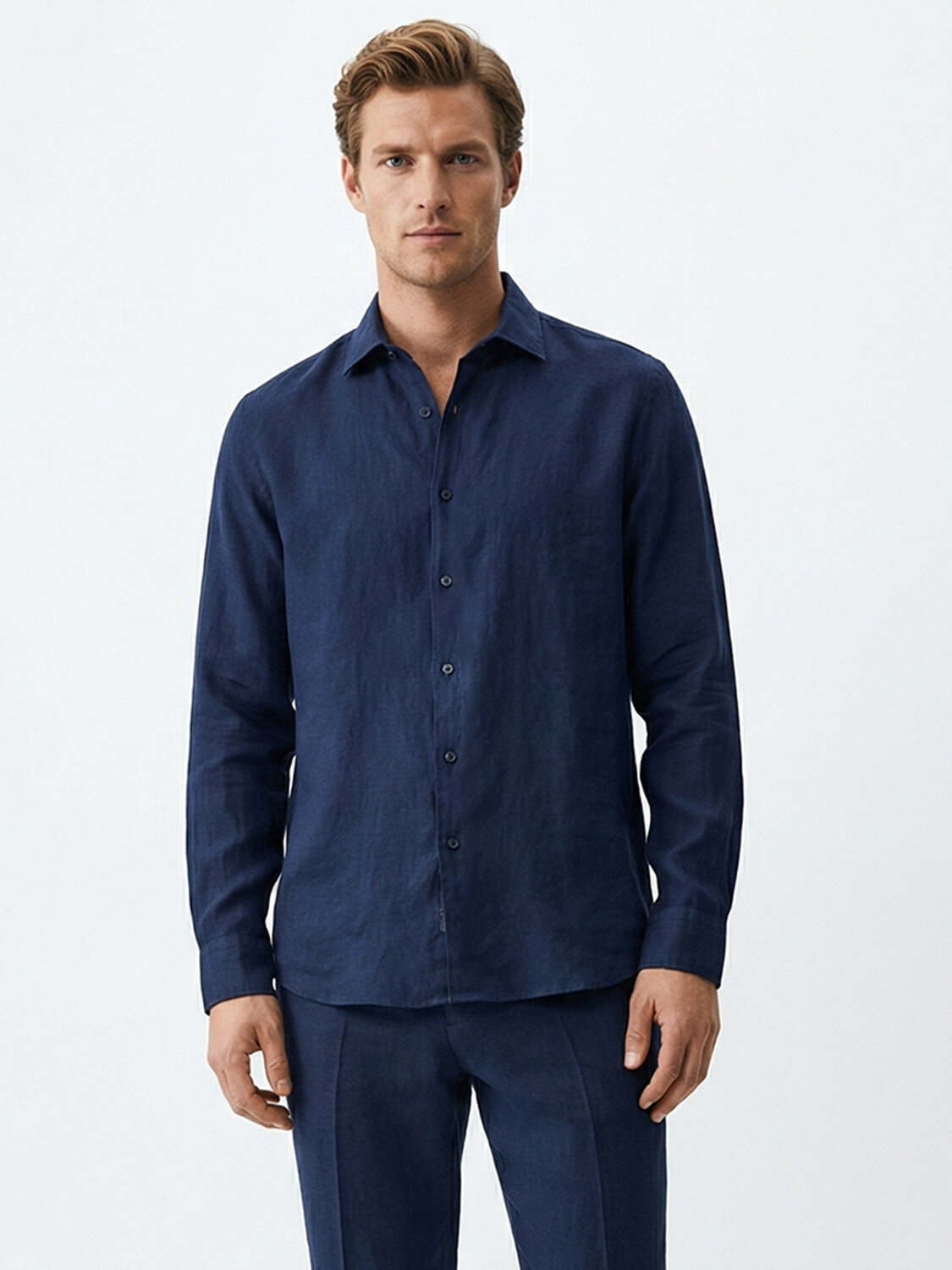 Lacivert %100 Keten Regular Fit Gömlek