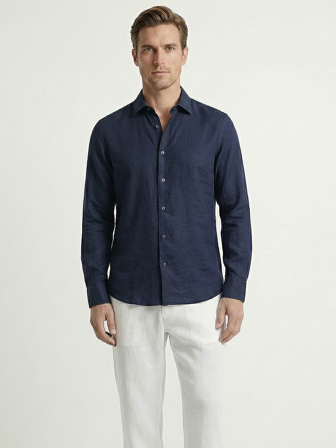 Lacivert %100 Keten Regular Fit Gömlek (1)