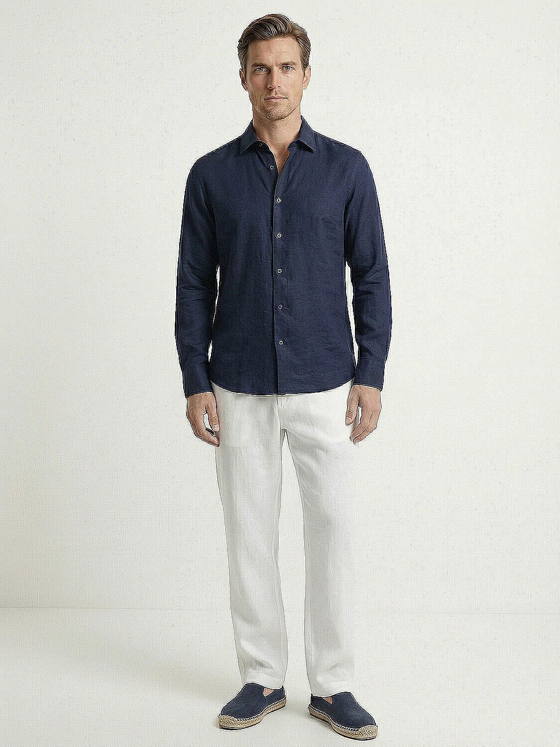 Lacivert %100 Keten Regular Fit Gömlek (3)