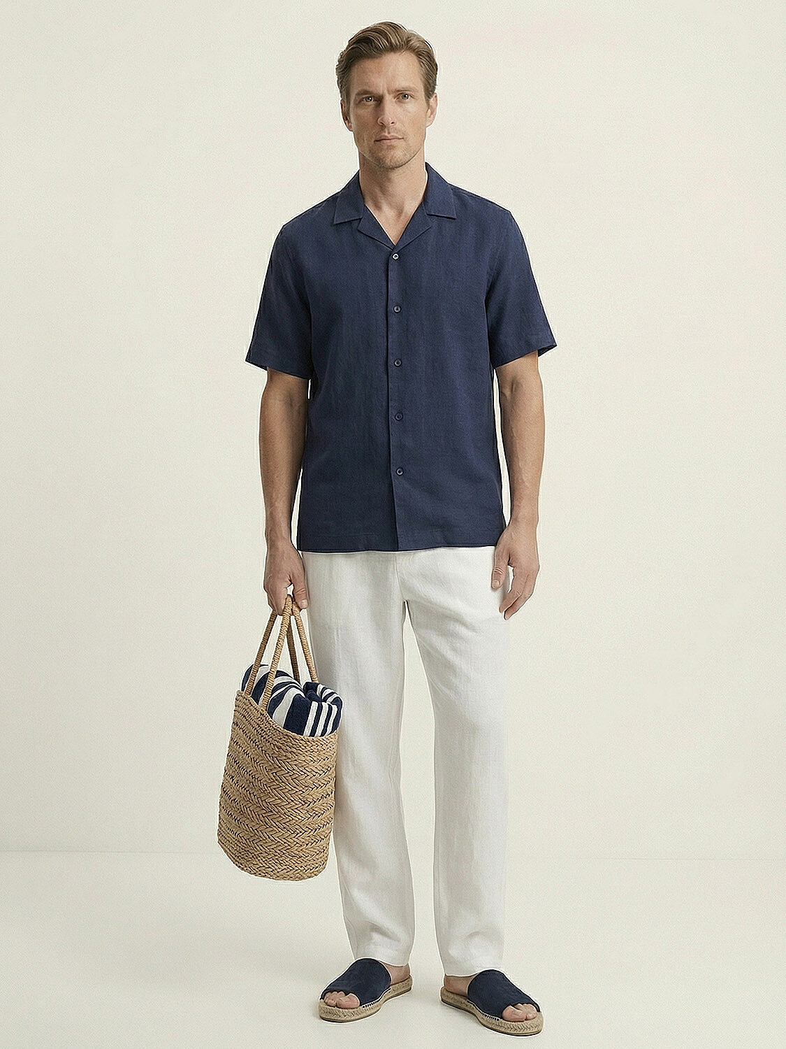 Lacivert %100 Keten Regular Fit Gömlek (1)