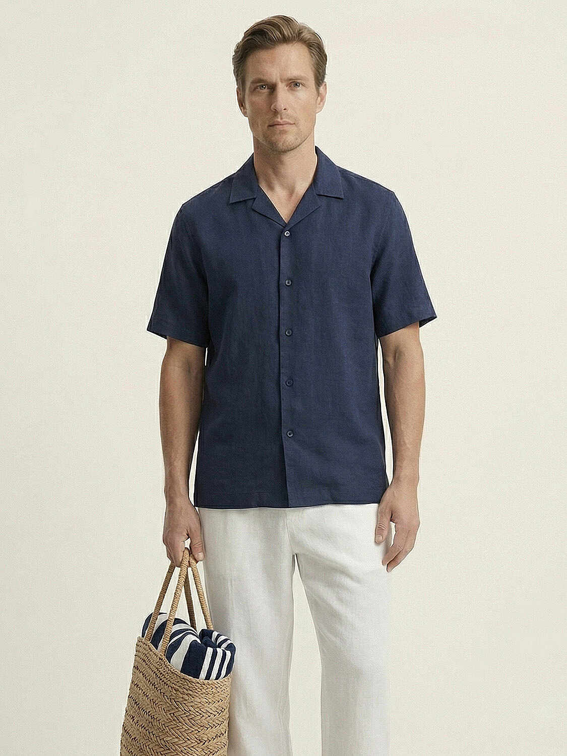 Lacivert %100 Keten Regular Fit Gömlek