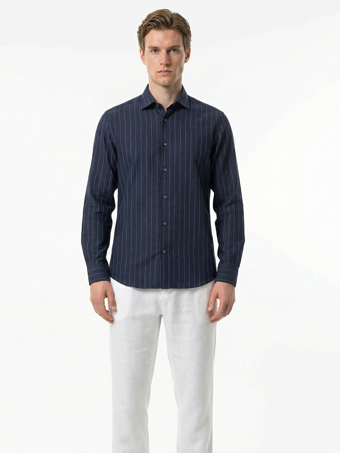 Lacivert %100 Keten Regular Fit Gömlek - 1