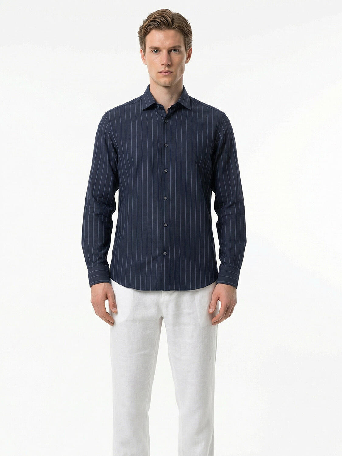 Lacivert %100 Keten Regular Fit Gömlek - 1