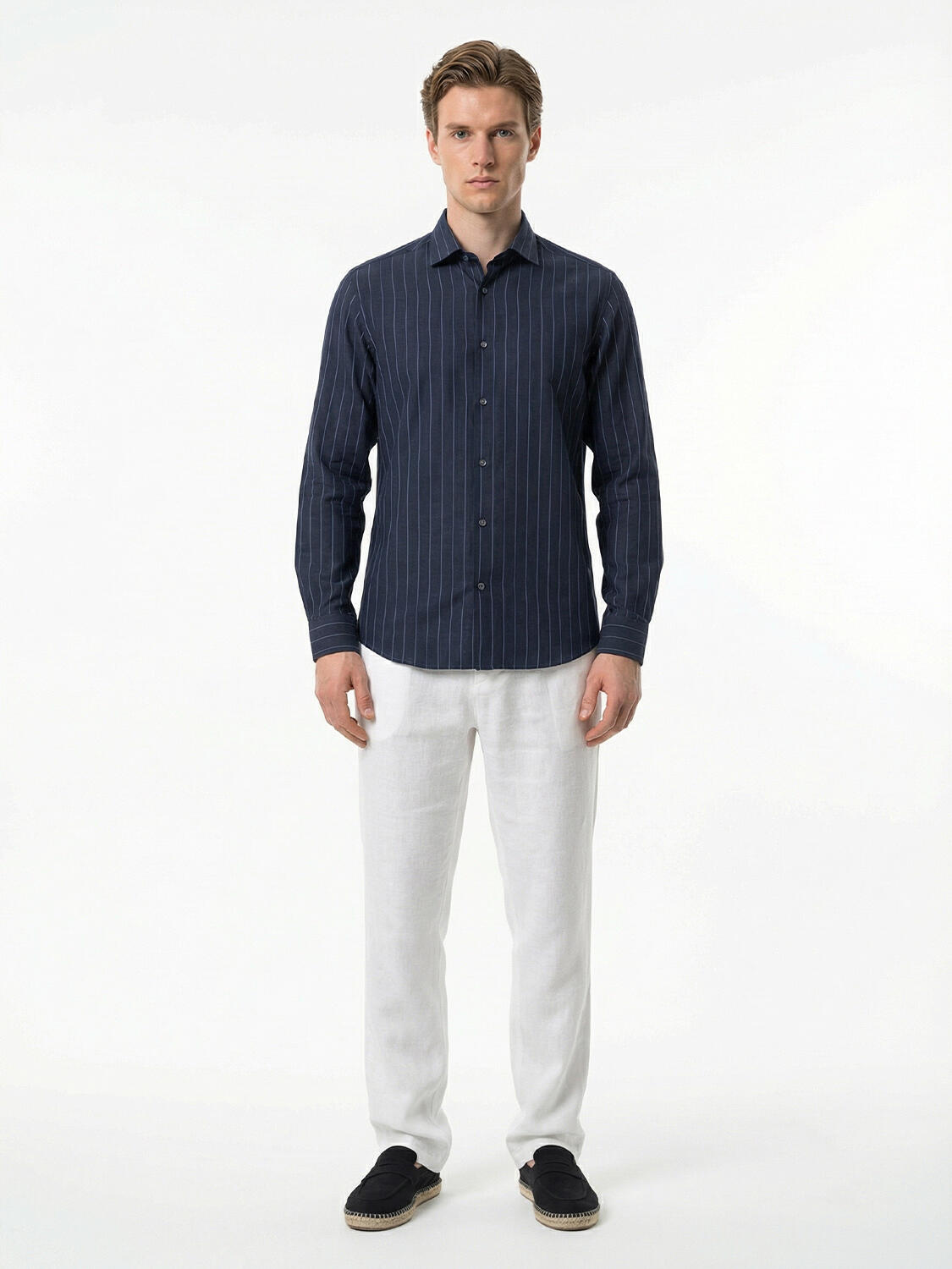 Lacivert %100 Keten Regular Fit Gömlek - 2