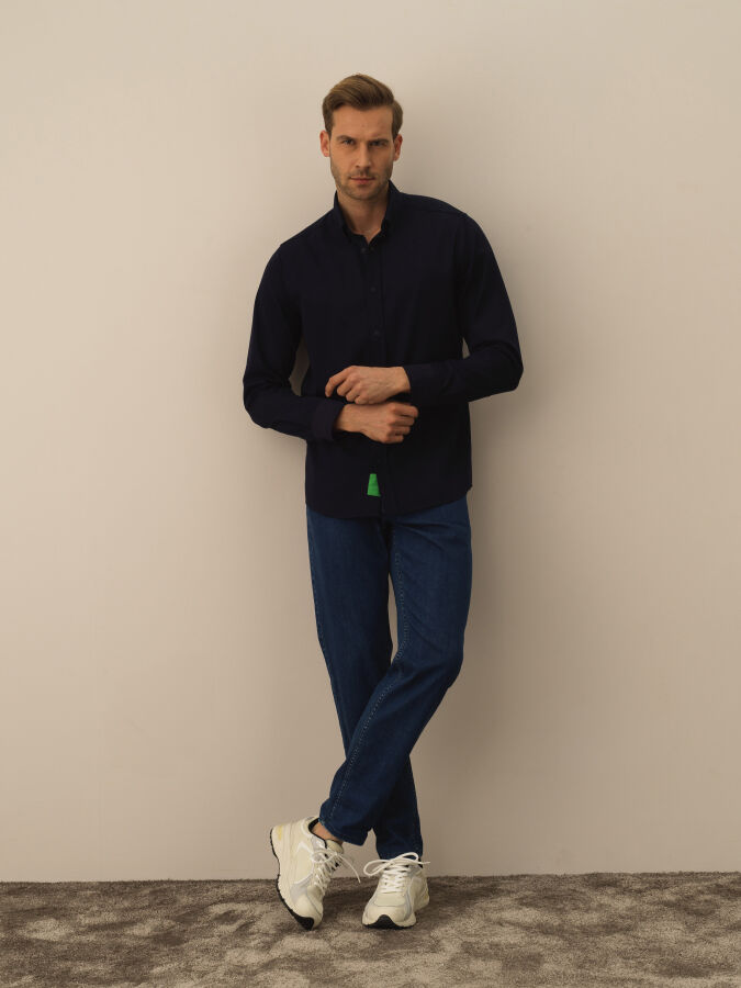 Lacivert Pamuk Dokulu Regular Fit Gömlek - Xint