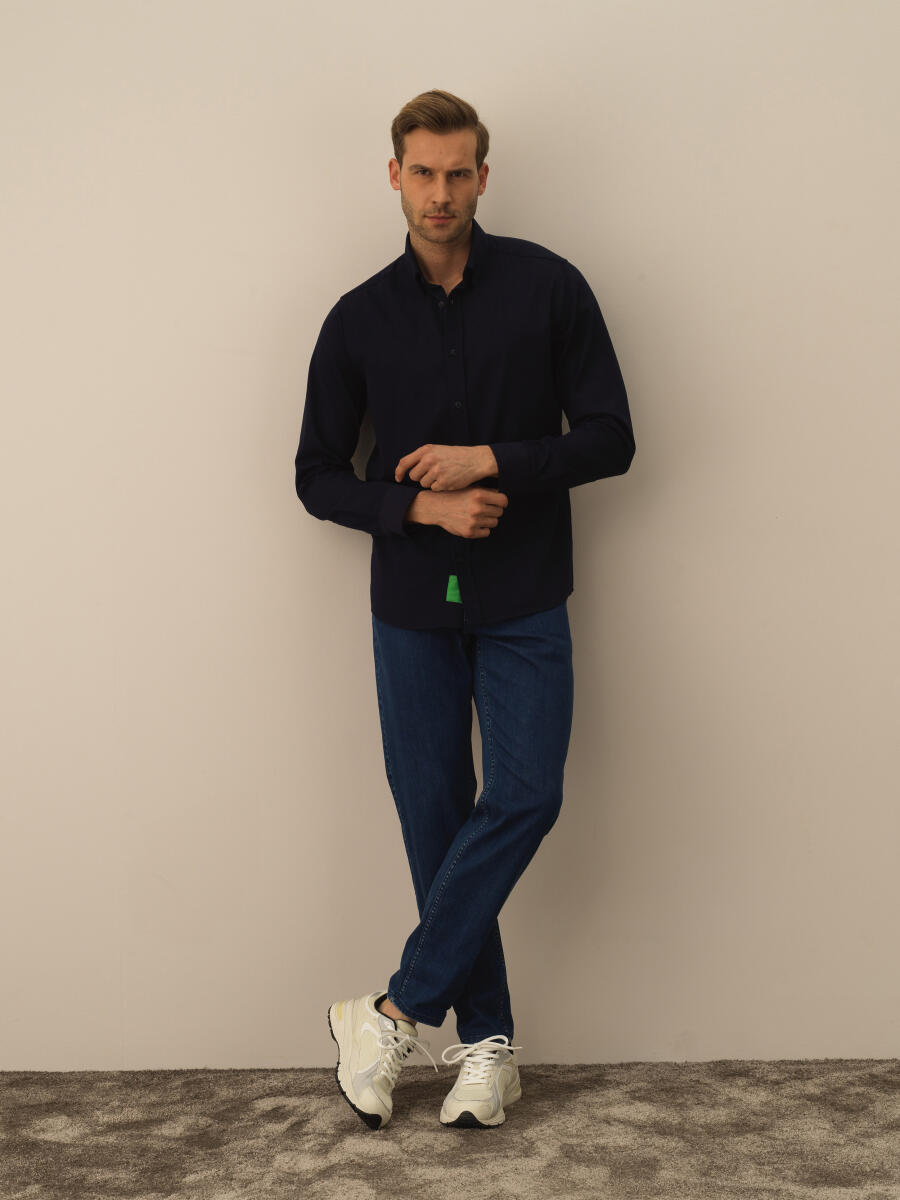 Lacivert Pamuk Dokulu Regular Fit Gömlek