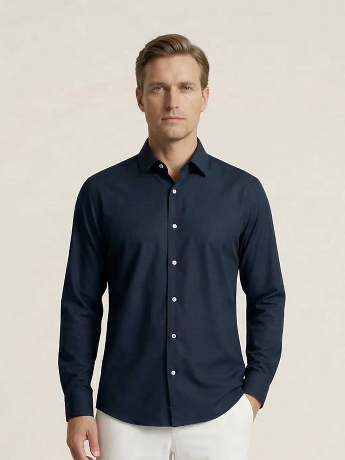 Lacivert Pamuk Dokulu Slim Fit Gömlek