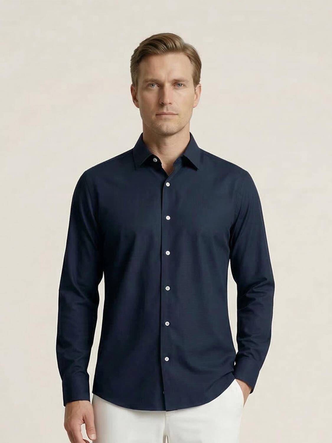 Lacivert Pamuk Dokulu Slim Fit Gömlek - 1