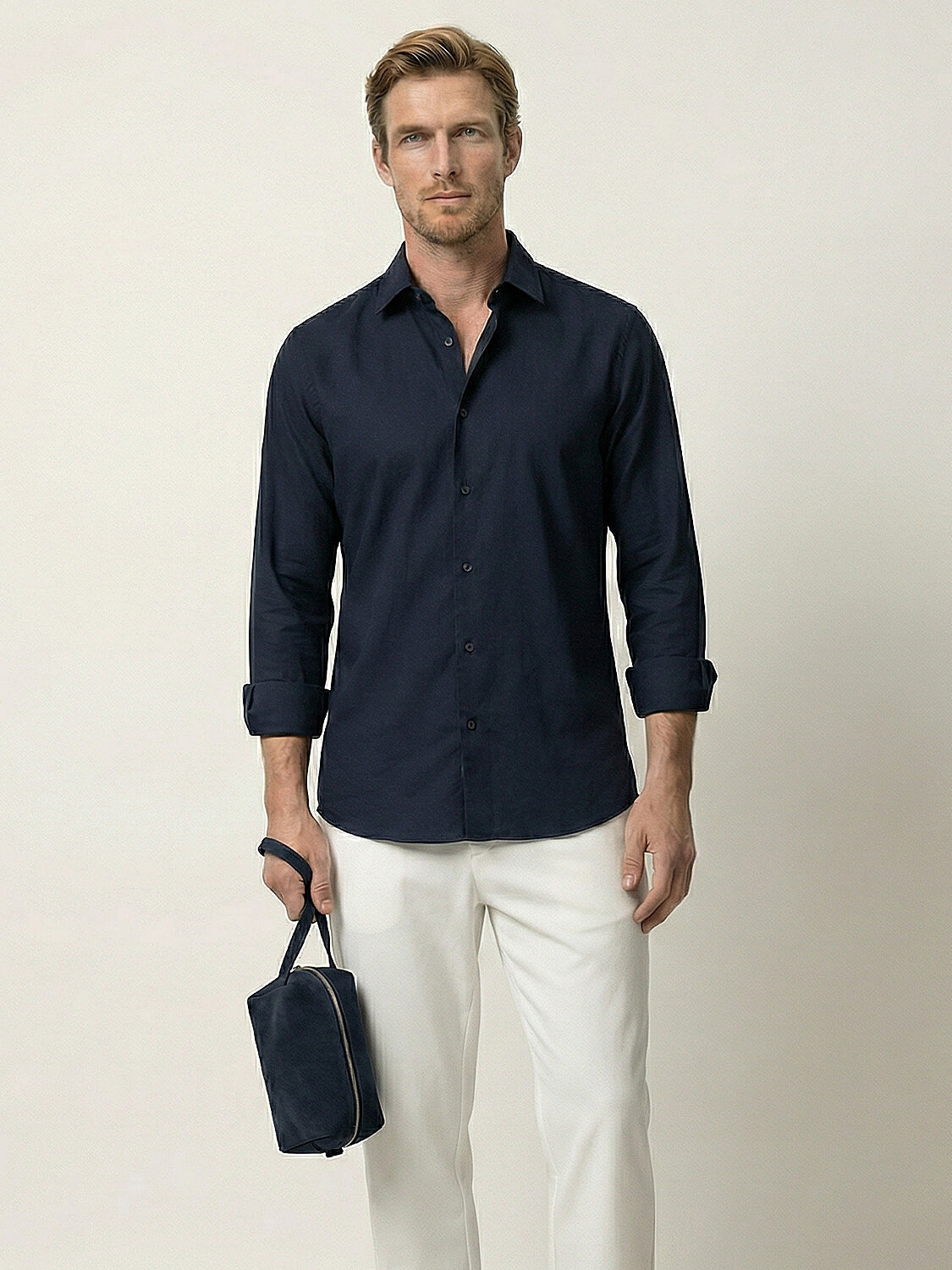 Lacivert Pamuk Dokulu Slim Fit Gömlek