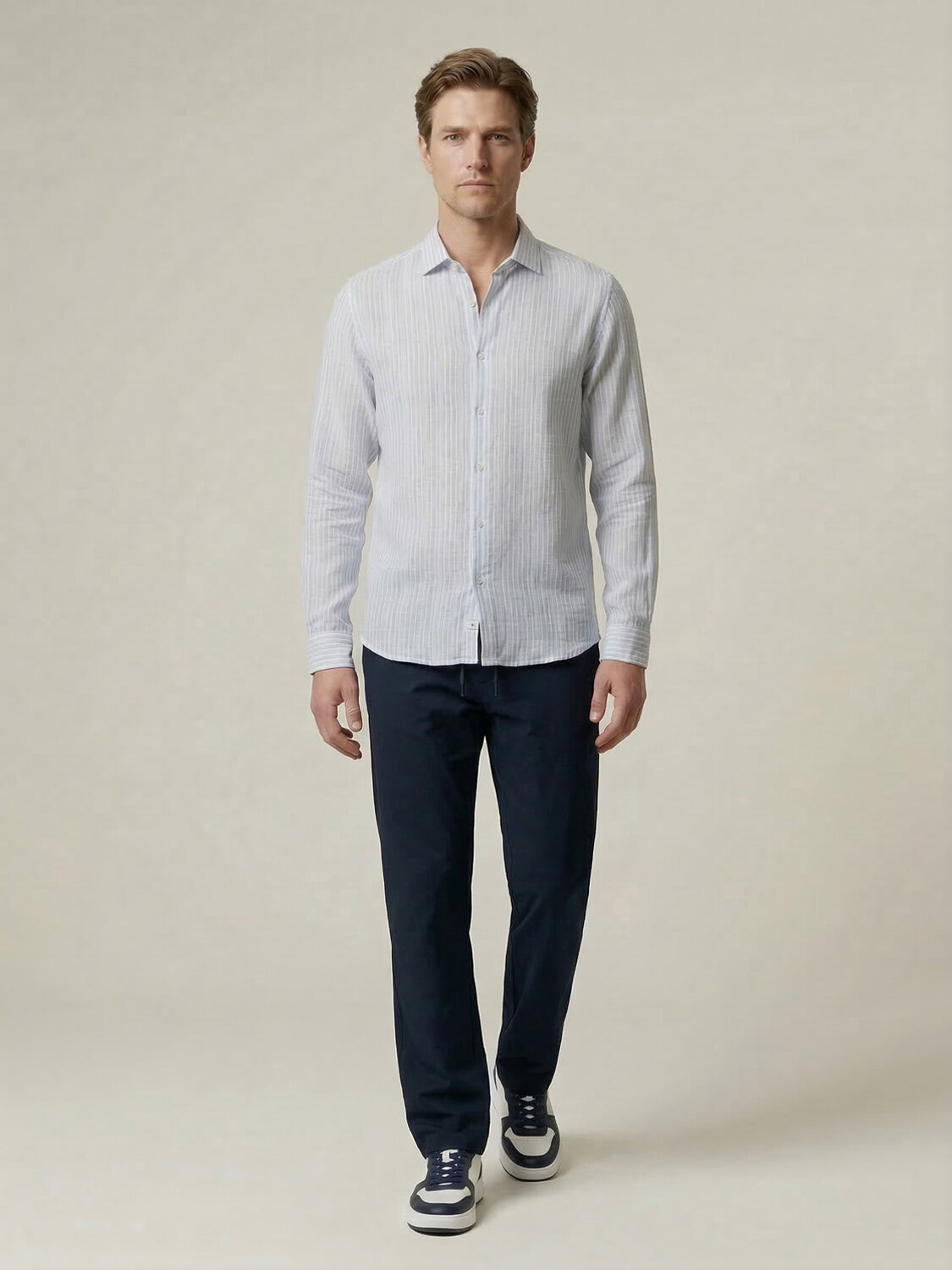 Mavi Keten Karışımlı Regular Fit Gömlek (1)