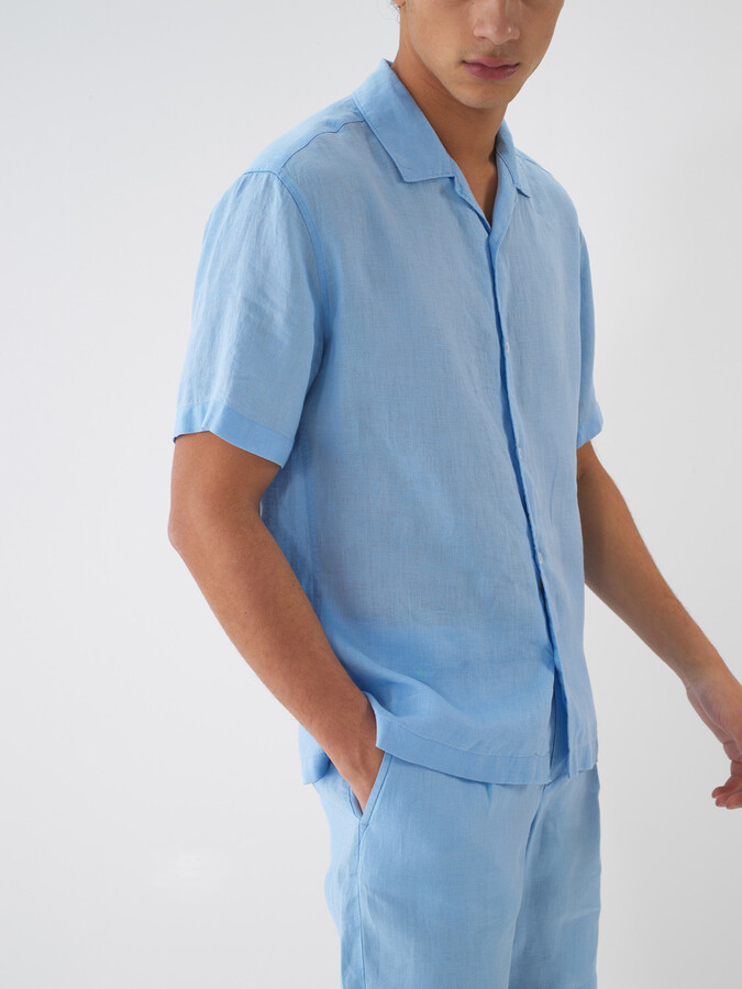 Mavi %100 Keten Regular Fit Gömlek
