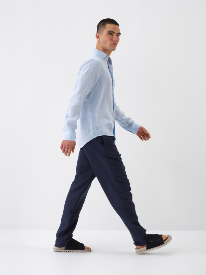 Mavi %100 Keten Regular Fit Gömlek - 4