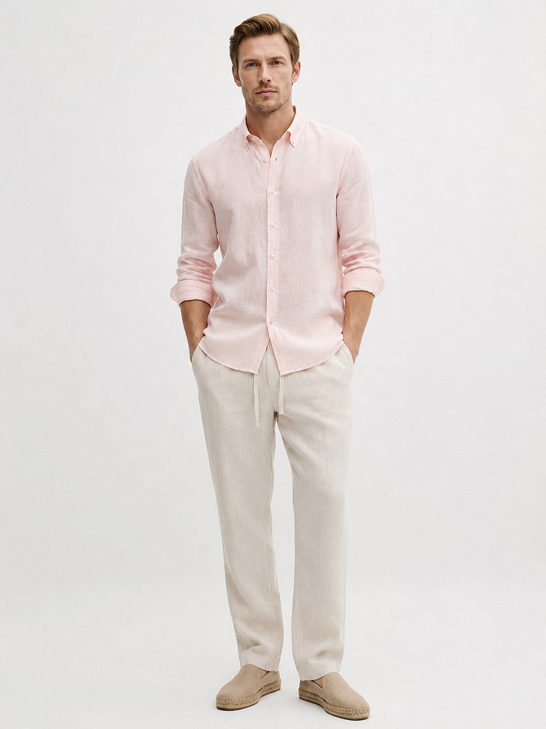 Pembe %100 Keten Regular Fit Gömlek (1)