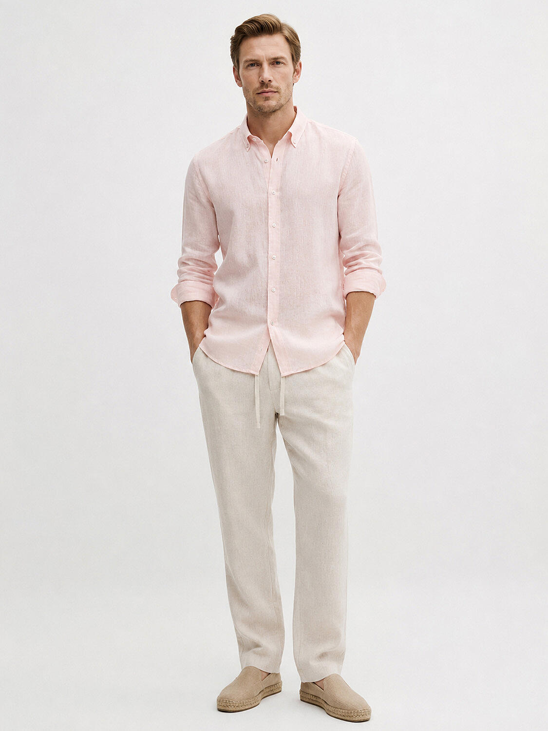 Pembe %100 Keten Regular Fit Gömlek - 2