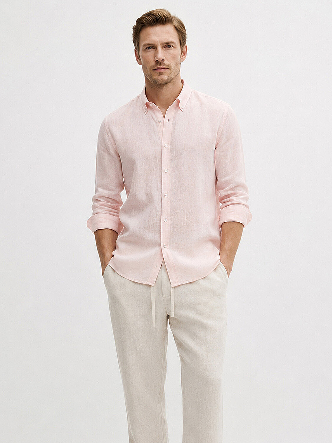 Pembe %100 Keten Regular Fit Gömlek (1)