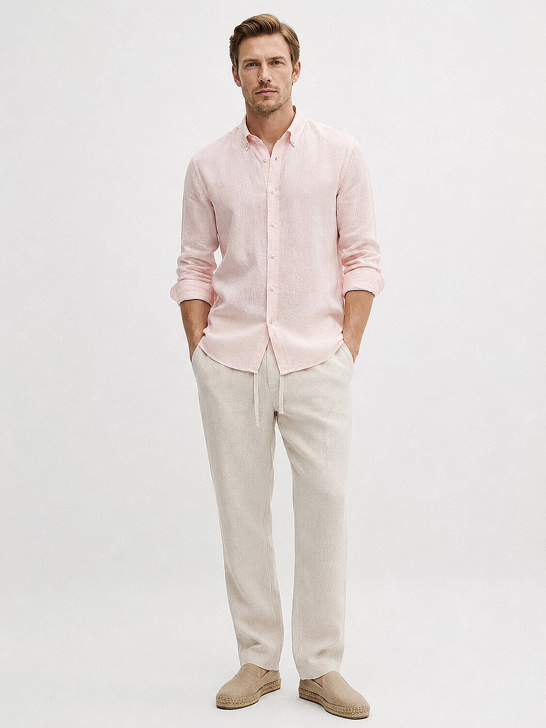 Pembe %100 Keten Regular Fit Gömlek (2)