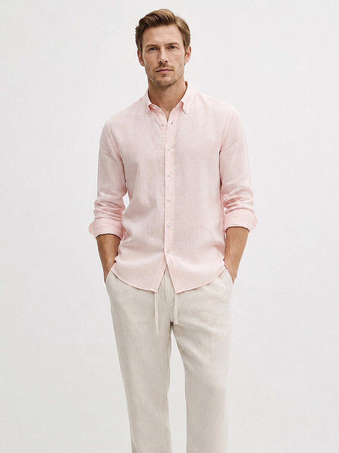 Pembe %100 Keten Regular Fit Gömlek (1)