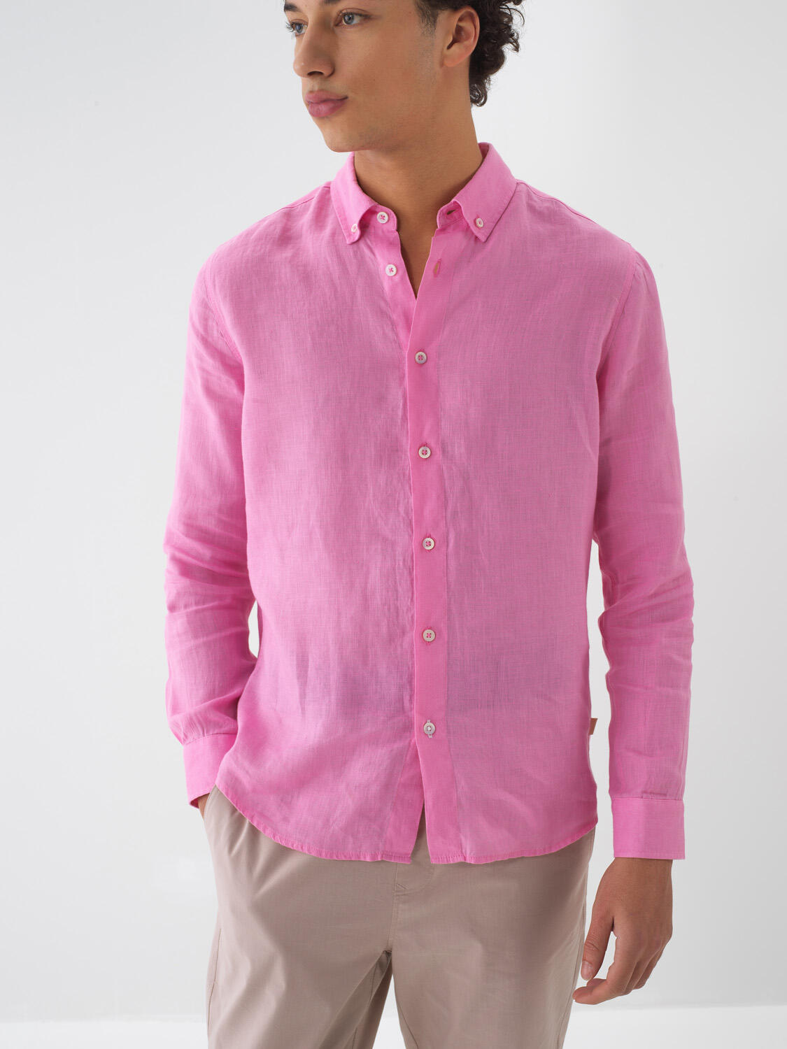 Pembe %100 Keten Regular Fit Gömlek