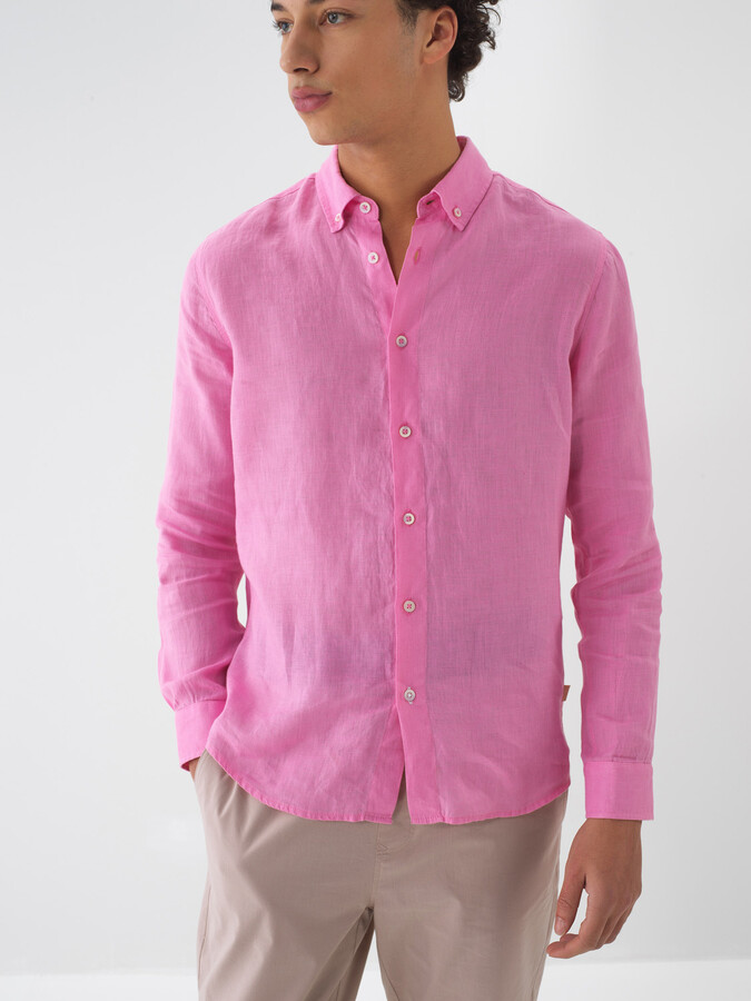 Pembe %100 Keten Regular Fit Gömlek