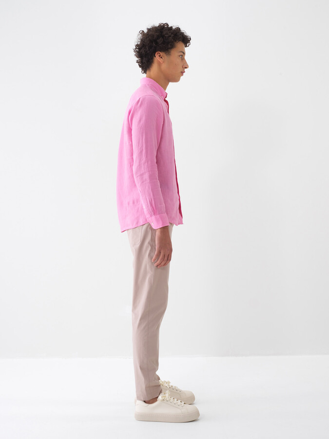 Pembe %100 Keten Regular Fit Gömlek (3)