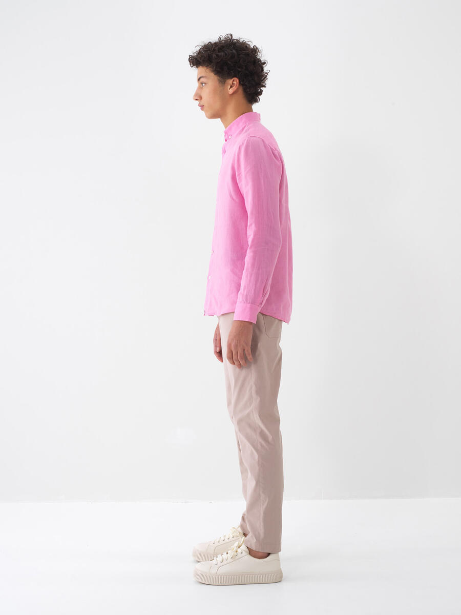 Pembe %100 Keten Regular Fit Gömlek - 4
