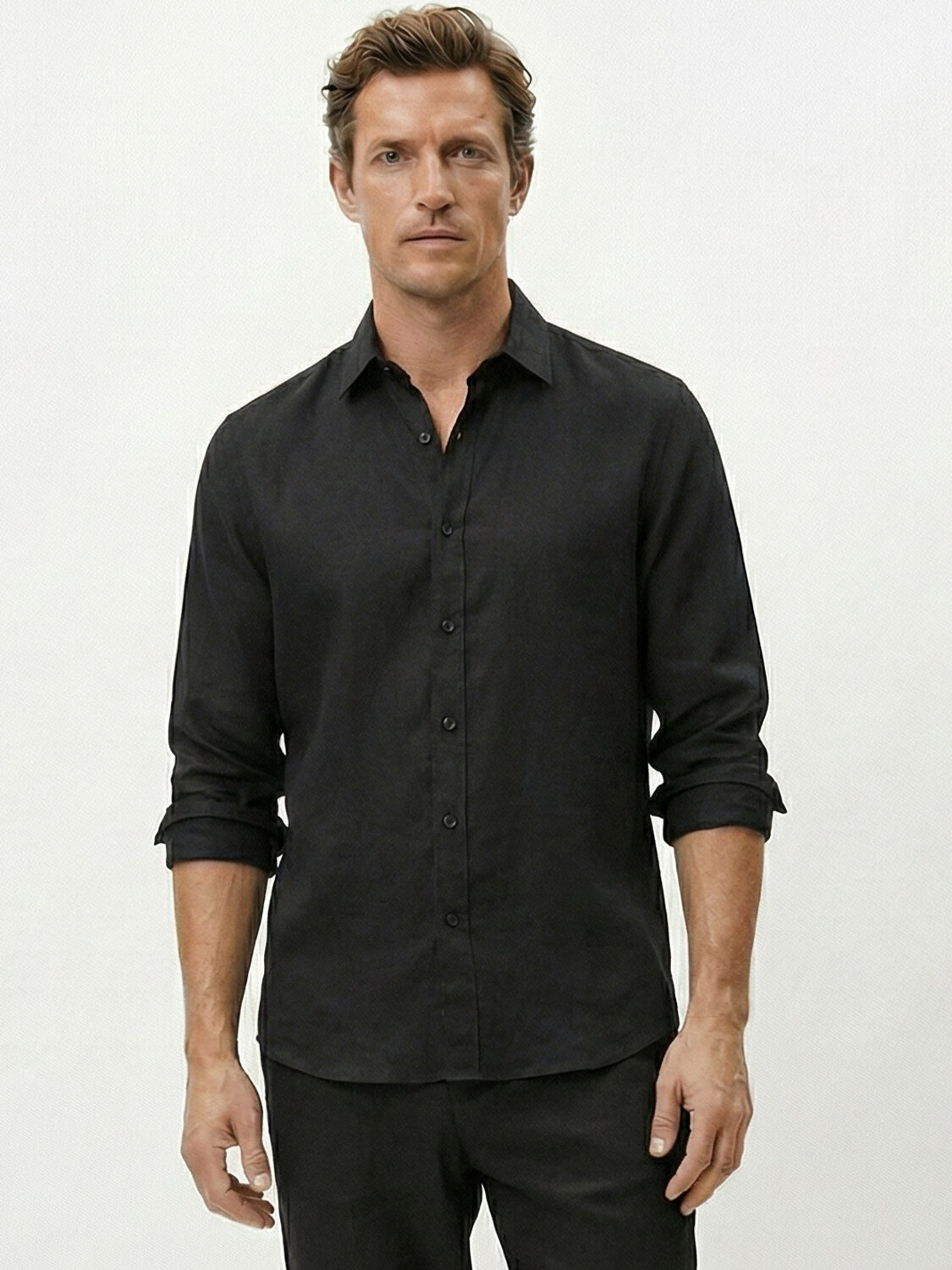 Siyah %100 Keten Regular Fit Gömlek - 1