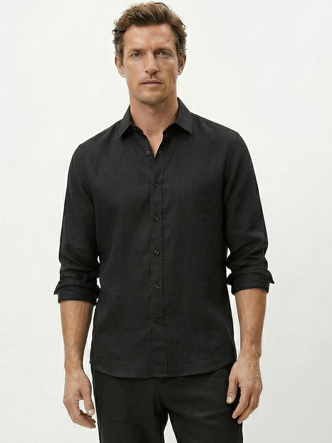 Siyah %100 Keten Regular Fit Gömlek - 1