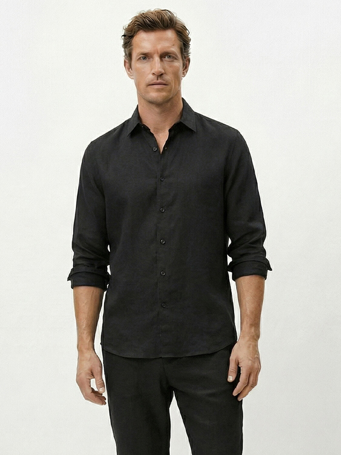 Siyah %100 Keten Regular Fit Gömlek